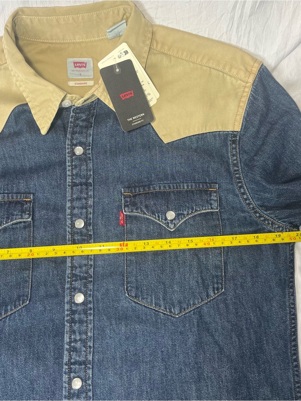 Levi’s Mens Small Pearl Snap Blue Beige Denim Harlem Rodeo Western Shirt Horses - Picture 7 of 13